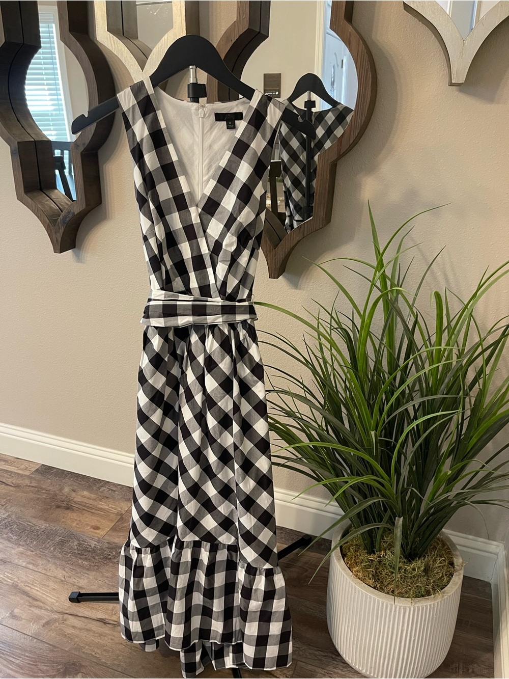 J. Crew Black and White Gingham Wrap-Style Maxi Dress